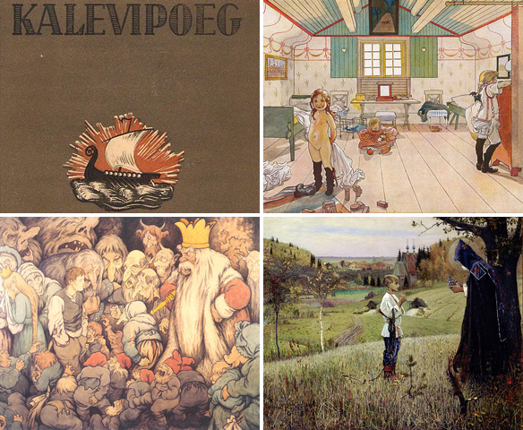 Kuva 4. Kuvissa on vasemmalla ylhäällä Kalevipoeg-kirjan kansi (ensimmäinen versio 1853), oikealla ylhäällä Carl Larssonin maalaus "Äidin ja pikkutyttöjen huone" (1897), vasemmalla alhaalla Theodor Kittelsenin maalaus "Peer Gynt vuorenkuninkaan luolassa" (1913) ja oikealla alhaalla Mihail Nesterovin maalaus "Nuoren Varfolomein näky" (1889-90). Minkä maan taidetta nämä maalaukset edustavat? Miten ne liittyvät kansallisaatteeseen? (Kuvat: Wikicommons)