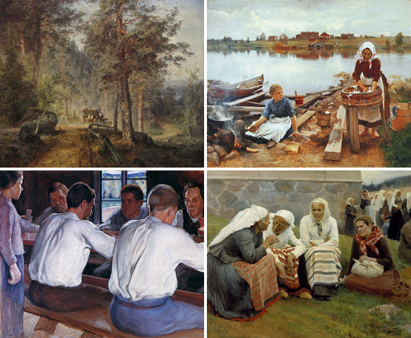 Kuva 3. Suomalaista kansallisromanttista taidetta. Vasemmalla ylhäällä Werner Holmbergin "Maantie Hämeessä" (1860), oikealla ylhäällä eero Järnefeltin "Pyykkiranta" (1889), vasemalla alhaalla Pekka Halosen "Ateria" (1899) ja oikealla alhaalla Albert Edelfeltin "Ruokolahden eukkoja kirkonmäellä" (1887). Millä tavalla maalaukset kuvaavat mielestäsi Suomea ja suomalaisia? (Kuvat: Wikicommons) 