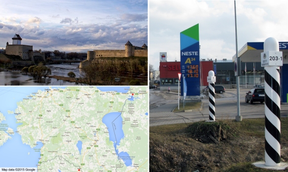 Kuva 4. Narva ja Ivangorod sekä Valka ja Valga ovat Viron rajoilla sijaitsevia kaksoiskaupunkeja. Narvan ja Ivangorodin linnoitusten välistä kulkeva raja on EU:n ulkoraja ja sen ylittämiseen tarvitaan passi ja viisumi. Valkan ja Valgan välinen raja on EU:n sisäraja, josta muistuttavat vain keskellä kaupunkia kulkevat rajapyykit. (Kuvat: Wikicommons / Tony Bowden, Google, Virpi Kaisto)